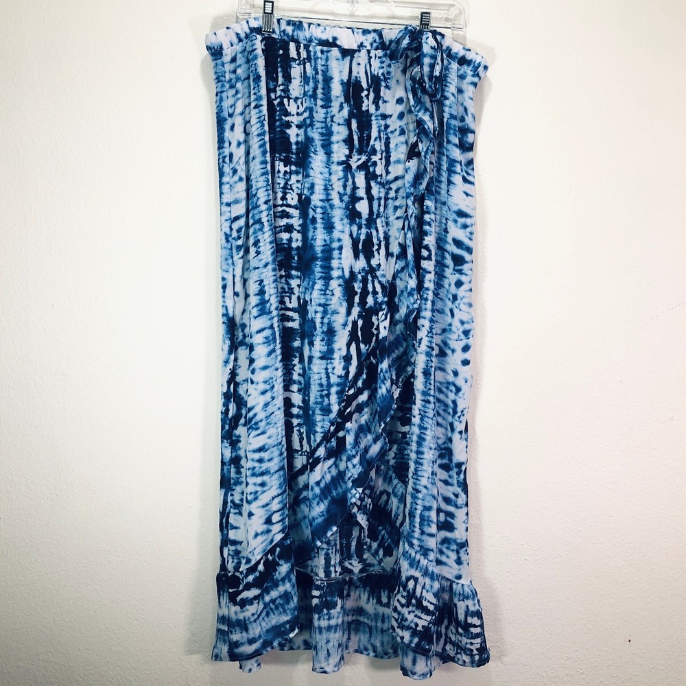 Time and Tru Blue Tie Dye Faux Wrap Maxi Skirt XL‎ 16-18 Ruffle Hem Boho Summer
